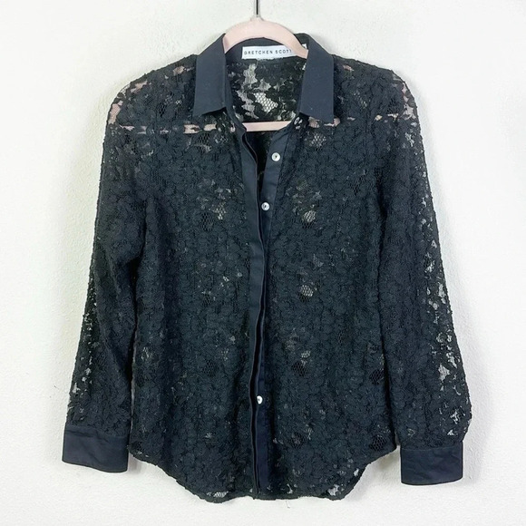 Gretchen Scott Lacelet Button Down Blouse in Black w/ Floral Pattern size Small - Picture 10 of 10